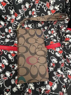 Coach Brown Signature Wristlet Wallet with Red and Green Accents